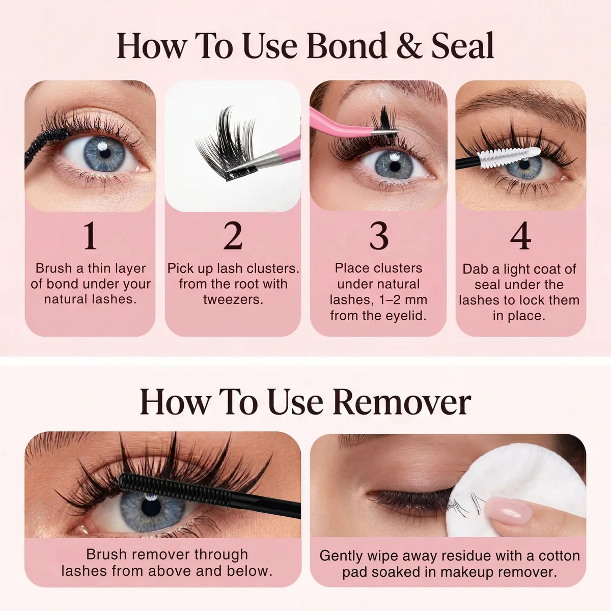 Anleitung zur Anwendung von Bond & Seal und Remover bei Cluster-Wimpern