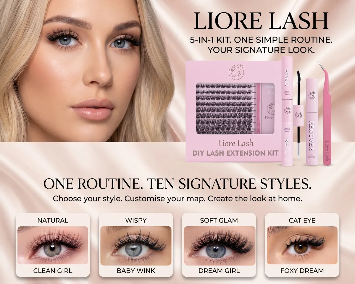 Set für die DIY Wimpernverlängerung von Liore Lash mit Clustern, Bond & Seal, Remover und Pinzette