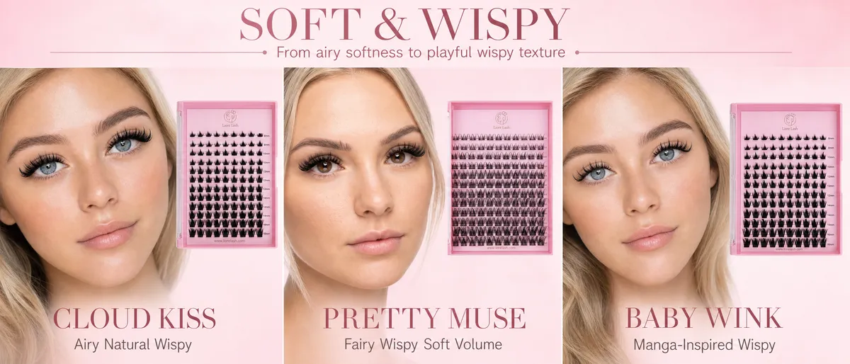 Wispy Cluster-Wimpern in den Stilen Cloud Kiss, Pretty Muse und Baby Wink
